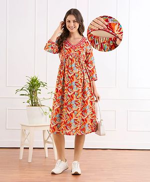 Bella Mama Viscose Woven Three Fourth Sleeves Embroidered Neck Maternity Dress with Floral Print - Orange