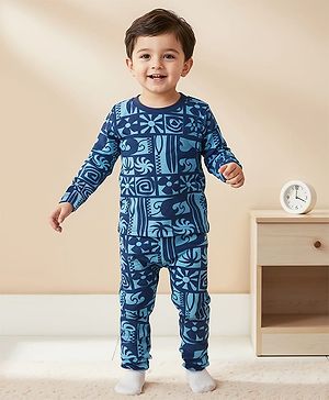 Babyhug Cotton Knit Full Sleeves Co-ords Night Suit With Abstract Print - Blue