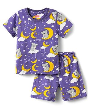 Babyhug Cotton Knit Half Sleeves Shorts Co-Ord Night Suit With Koala Print - Violet