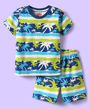 Babyhug Cotton Knit Half Sleeves Short Co-Ord Night Suit with Beach Theme Print - Green & Blue