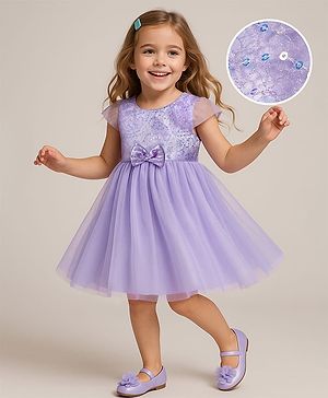 Babyhug Woven Cap Sleeves Party Dress with Sequin Detailing & Bow Applique - Lavender