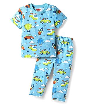 Babyhug Cotton Knit Half Sleeves Co-Ord Night Suit With Vehicle Print - Light Blue