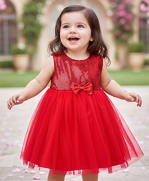 Babyhug Woven Sleeveless Party Dress With Sequin Mesh & Bow Applique - Red