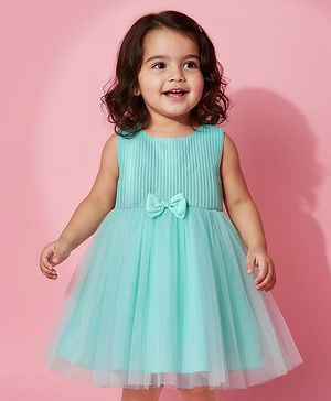 Babyhug Woven Sleeveless Mesh Party Dress With Glitter In Yoke & Bow Applique - Mint