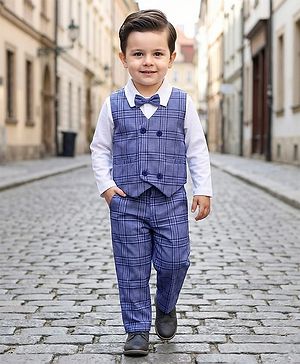 Babyhug Knit Full Sleeves Checks 3 Piece Party Suit With Bow Applique - Navy Blue & White