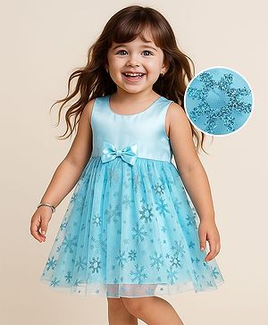 Babyhug Sleeveless Glitter Snow Flakes Frozen Theme Party Frock With Bow - Light Blue