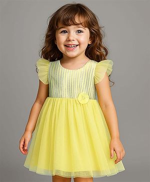Babyhug Woven Frill Sleeves Party Dress With Floral Applique - Yellow