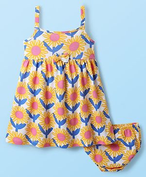 Babyhug Single Jersey Knit Sleeveless Frock With Floral Print & Bloomer - Yellow & White