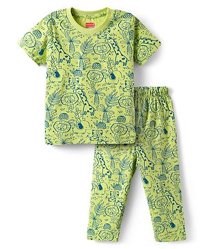 Babyhug Cotton Knit Half Sleeves Co-ord Night Suit with Animal Print - Green
