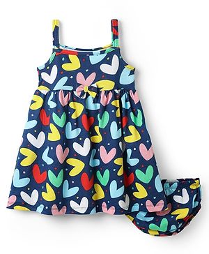 Babyhug Single Jersey Knit Sleeveless Frock With Heart Print & Bloomer - Navy Blue