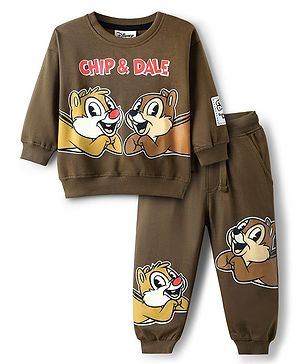 Babyhug Disney Terry Knit Full Sleeves Over Size Drop Shoulder T-Shirt & Lounge Pant With Chip & Dale Graphics - Brown