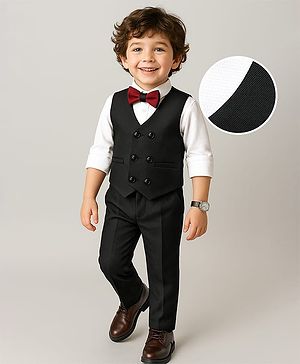 Babyhug Knit Full Sleeves Solid 3 Piece Party Suit With Bow - Black & White