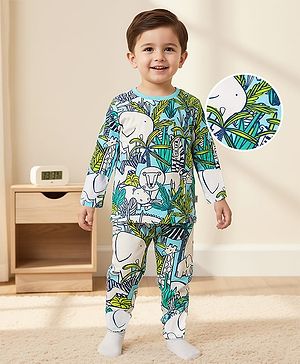 Babyhug Cotton Knit Full Sleeves Co-ord Night Suit with Animal Print - Light Blue & Green