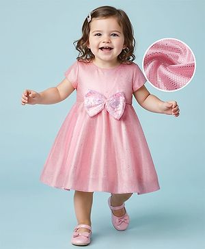 Babyhug Woven Half Sleeves Foil Printed Partywear Dress With Sequinned Bow Applique - Pink