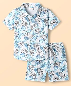 Babyhug Single Jersey Knit Half Sleeves Co-ords Shirt & Shorts Set With Elephant Print - White
