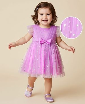 Babyhug Woven Frill Sleeves Party Dress With Foil Star Print & Bow Applique - Pink