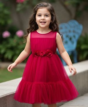 Babyhug Woven Sleeveless Mesh Party Dress With Floral Corsage - Dark Pink