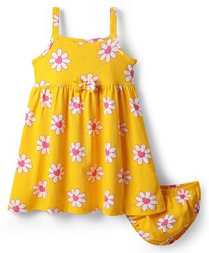 Babyhug Single Jersey Knit Sleeveless Floral Printed Frock With Bow Applique & Bloomer - Yellow