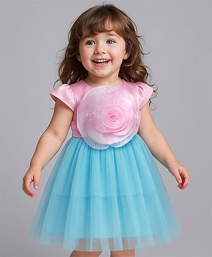 Babyhug Woven Cap Sleeves Mesh Party Dress With Floral Corsage - Pink & Blue