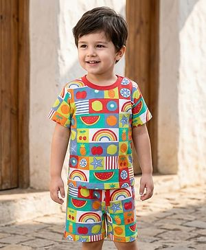 Babyhug Single Jersey Knit Half Sleeves Co-ords T-Shirt & Short Set With Tropical Theme Print - Multicolour