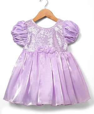 Babyhug Woven Half Sleeves Party Dress With Sequinned Yoke & Floral Corsage - Lavender