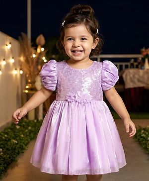 Babyhug Woven Half Sleeves Party Dress With Sequinned Yoke & Floral Corsage - Lavender