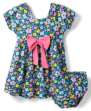 Babyhug Single Jersey Knit Half Sleeves Frock & Bloomer with Floral Print & Bow Applique - Navy Blue