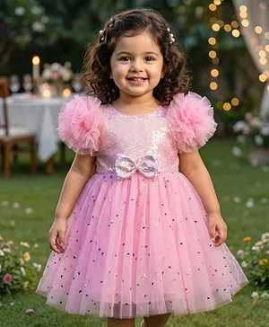 Babyhug Woven Frill Sleeves Sequinned
                              Yoke Party Dress With Butterfly Glitter
                              Print & Bow Applique - Pink