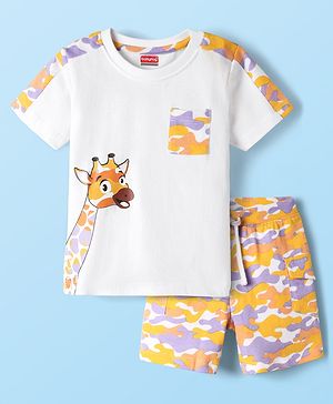 Babyhug Single Jersey Knit Half Sleeves T-Shirt & Shorts Set With Giraffe & Camouflage Print - White