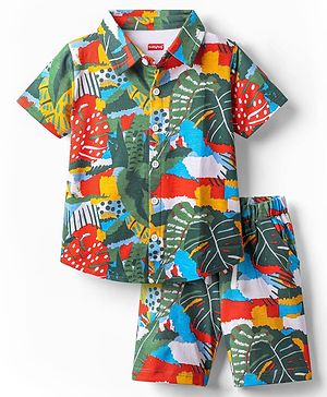 Babyhug Single Jersey Knit Half Sleeves Co-ords Shirt & Shorts Set with Tropical Theme Print - Multicolor