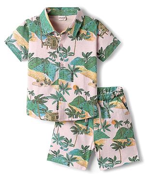Babyhug Single Jersey Knit Half Sleeves Co-ords Shirt & Shorts Set With Tropical Theme Print - Multicolour