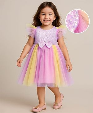 Babyhug Woven Frill Sleeves Party Dress With Sequinned Yoke & Bow Applique - Lavender