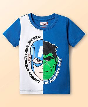 Babyhug Marvel Single Jersey Knit Half Sleeves Cut & Sew T-Shirt with Avengers Graphics - Blue & White