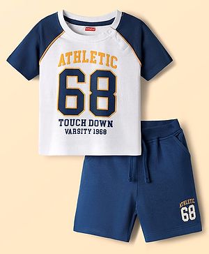 Babyhug Single Jersey Knit Half Raglan Sleeves T-Shirt & Short Set With Text Print - Navy Blue & White