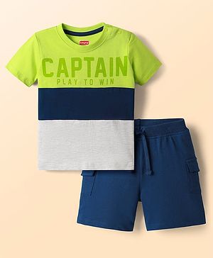 Babyhug Single Jersey Knit Half Sleeves Cut & Sew T-Shirt & Shorts Set with Text Print - Navy Blue