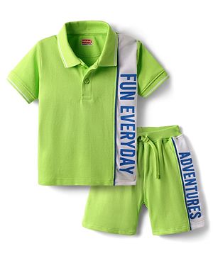 Babyhug Single Jersey Knit Half Sleeves Polo T-Shirt and Shorts Set With Everyday Fun Adventure Text Print - Neon Green