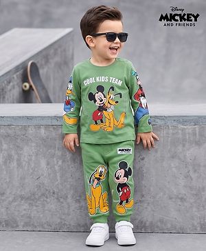Babyhug Disney Single Jersey Knit Full Sleeve T-Shirt And Joggers With Mickey & Friends Graphics - Olive Green