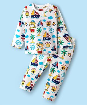 Babyhug Cotton Knit Full Sleeves Co-ord Night Suit With Boat Print - White