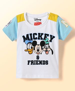 Babyhug Disney Single Jersey Knit Half Sleeves Cut & Sew T-Shirt with Mickey & Friends Graphics - White