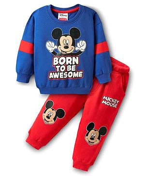 Babyhug Disney Terry Knit Full Sleeves Drop Shoulder Cut T-Shirt & Lounge Pant Set With Mickey Mouse Graphics - Royal Blue & Red
