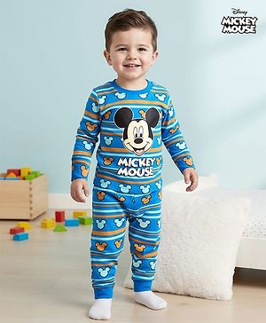 Babyhug Disney Single Jersey Knit Full Sleeves Night Suit With Mickey Mouse Graphics - Blue