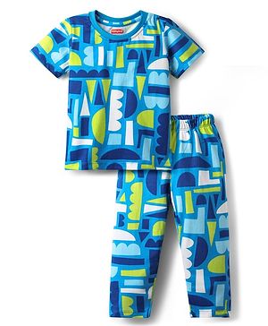 Babyhug Cotton Knit Half Sleeves Co-ords Night Suit with Abstract Print - Blue