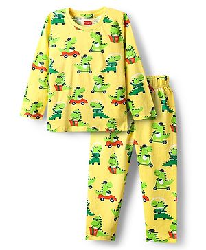 Babyhug Cotton Knit Full Sleeves Co-Ords Night Suit With Dino Print - Yellow