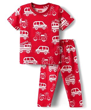 Babyhug Cotton Knit Half Sleeves Co-ord Night Suit with Vehicle Print - Red
