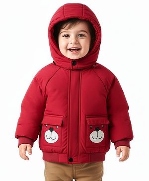 Babyoye Knit Full Raglan Sleeves Hooded Jacket with Bear Print & Pocket - Red