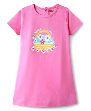 Babyhug Cotton Knit Half Sleeves Nighty With Floral Print - Pink