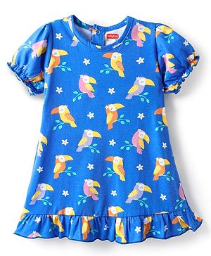 Babyhug Cotton Knit Half Sleeves Nighty With Bird Print & Frill Detailing - Blue