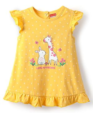 Babyhug Cotton Knit Frill Sleeves Nighty With Animal & Polka Dot Print - Yellow