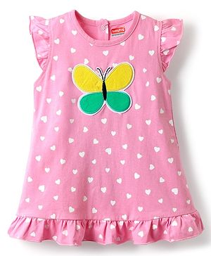 Babyhug Cotton Knit Frill Sleeves Nighty With Butterfly Patch & Polka Dot Print - Pink