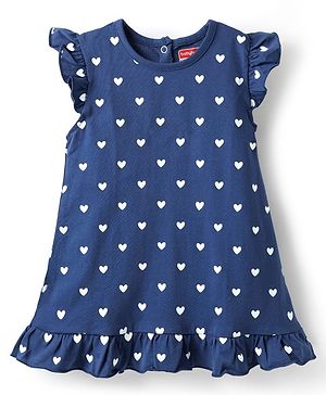 Babyhug Cotton Knit Frill Sleeves Nighty With Heart Print - Navy Blue
